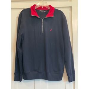 Nautica Men’s Medium Navy Quarter Zip Fleece Pullover Red Collar Y2K